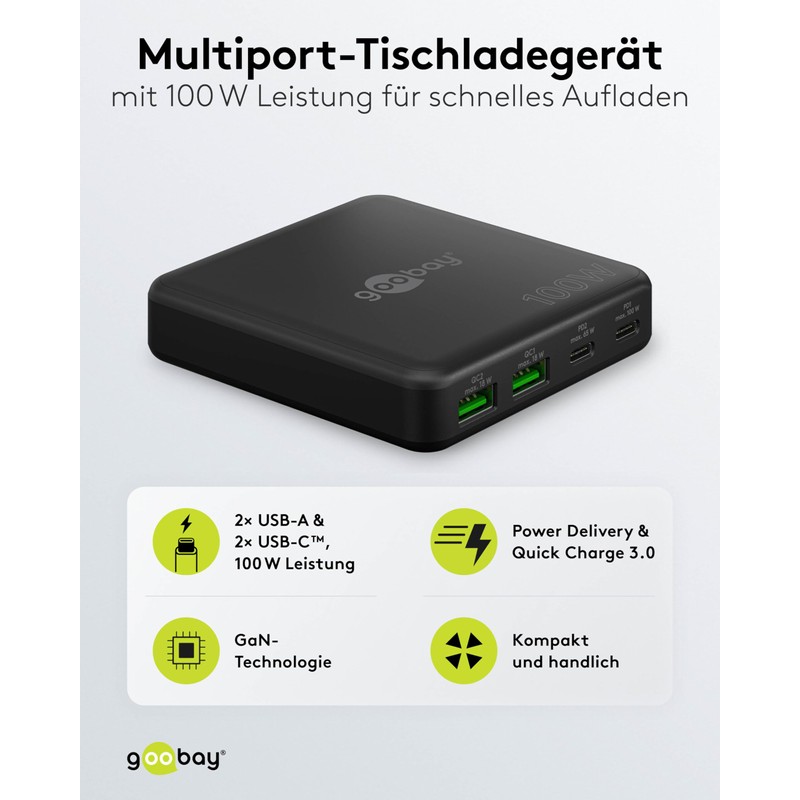 goobay USB-C Charger with 100W Power, Power Delivery 2 &