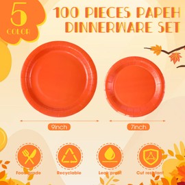 100 Pcs Fall Paper Plates Thanksgiving Autumn Red Orange Green Plates Including 9 Inch Dinner Party Plates 7 Inch Disposable Dessert Plates for Birthday Harvest Party Supplies