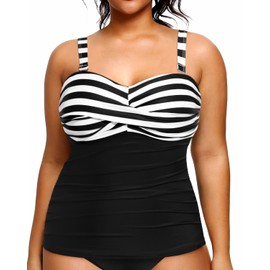 Aqua Eve Plus Size Tankini Top Only Bandeau Swim Top Strapless Swimsuit Top Black and White Stripe 20W