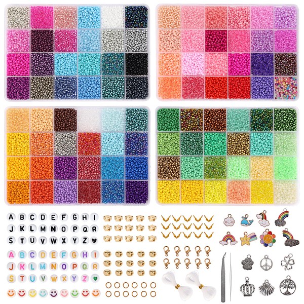 QUEFE 24000pcs 3mm Glass Seed Beads Kit for Jewelry Making, 96 Colors Little Beads with Pendant Charms and Letter Beads for Bracelets Necklace Earring Ring Making, DIY, Art and Craft