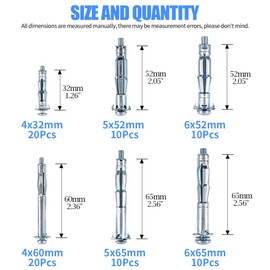 Glarks 80Pcs 6 Size Heavy Duty Zinc Plated Steel Molly Bolt Hollow Drive Wall Anchor Screws Assortment Kit for Drywall, Plaster and Tile