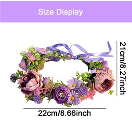 Elandy Boho Flower Headband with Adjustable Ribbon Headpiece Floral Crown Hair Wreaths for Brides Bridesmaids Wedding Beach Festival