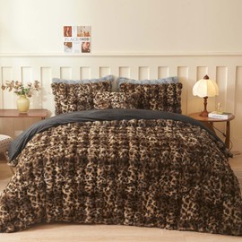 LIFEREVO Cheetah Print Soft Faux Rabbit Fur Duvet Cover Set Queen 3 PCS