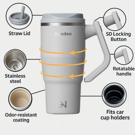 Abodeo 40 oz Travel Coffee Tumbler with Straw, Detachable Handle & Leakproof Lid | Stainless Steel Water Bottle for Hot & Cold Drinks – Insulated Reusable Flask, Fits Car Cup Holders (Grey)