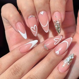 24Pcs Valentines Day Press on Nails Medium Almond Fake Nails Love Heart Sparkling Glitter with Rhinestones Charms Design Glue on Nails White French Tip False Nails for Women Acrylic Nails Decorations