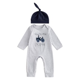 MBMSHEGH New to the Farm Romper Baby Boy Tractor Embroidery Jumpsuit Hat 2Pcs Newborn Coming Home Outfit Clothes (A-Light Grey, Newborn)
