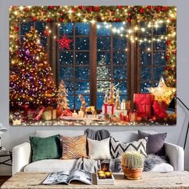 Winter Christmas Tapestry, Rustic Wooden Window Christmas Tree Tapestry for Bedroom, Night Woodland Snow Scene Outside the Window Tapestry Wall Hanging for Living Room College Dorm Decor, 80X60IN