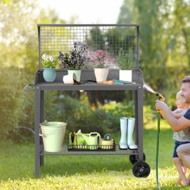 Outdoor Metal Potting Bench with Wheels, Heavy Duty Garden Workbench Table with Storage Shelf (Dark Gray, 52.8"x36.6")