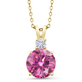 Gem Stone King 18K Yellow Gold Plated Silver Pink and White Moissanite Pendant Necklace For Women (3.59 Cttw, Round 10MM, With 18 Inch Chain)