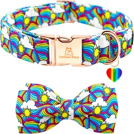 Lionheart glory Rainbow Dog Collar Colorful Dog Bow Collar Heavy Duty Adjustable Pride Dog Collar with Bowtie for Large Dogs Pet Gift