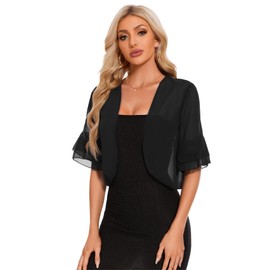 Atxnn Women's Bolero Shrug Summer Chiffon Cropped Cardigan Tops UK Ruffled Half Sleeve Jacket Ladies Open Front Sheer Shrugs Shawl, Black XL