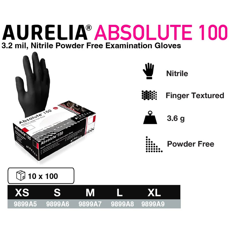 Aurelia - Absolute 100-100 Nitrile Single Use Gloves Black Powder