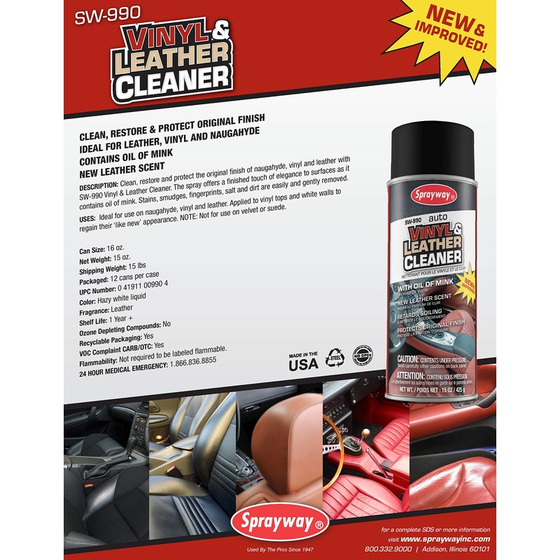 Sprayway SW990-12PK Vinyl and Leather Cleaner, 15 oz, Pack of