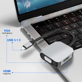 MEIRIYFA USB C to HDMI VGA Adapter for Dual Monitors, 2 in 1 USB C Hub with 4K HDMI, 1080P VGA Compatible with Monitor, Laptop, Mobile Phones, Tablet