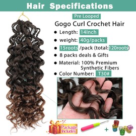 New Gogo Curl Crochet Hair Pre Looped 8 Packs Pre Twisted Curly Crochet Hair for Black Women Beach Curl Wave Crochet Synthetic Hair Extensions (14 Inch (Pack of 8) T30#)
