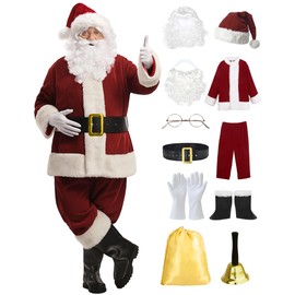 ADOMI Santa Claus Costume for Men Adults Santa Suit 11pcs Mens Red Deluxe Christmas Clause Outfit Cosplay Vacation Suits Set L