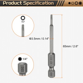 HARFINGTON T7 Torx Head Screwdriver Bit 1/4" Hex Shank 2.6" (65mm) Long Magnetic No Hole Tip Tamper Proof 6 Point Star Screw Driver Drill Bits S2 Steel Industrial Power Screwdrivers