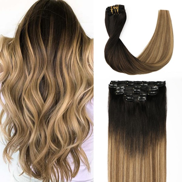 Sindra Clip-In Real Hair Extensions, 50 cm, 120 g, 6 Pieces, Balayage Natural Black to Chocolate Brown and Caramel Brown, Clip-In Remy Real Hair Extensions, #1B/4/27, 20 Inches