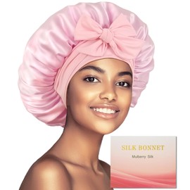 100% Mulberry Silk Bonnet for Sleeping Women, Real Silk Bonnet with Tie Band, Large Sleep Bonnets for Women, Double-Layer Sleep Cap for Braids Curly Hair
