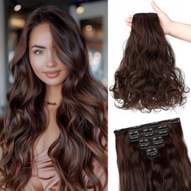 Soulwigger Clip in Hair Extensions, 22 Inch 6 PCS Natural Curly Soft Synthetic Hair Extensions Clip ins, Medium Brown Long Wavy Hairpiece for Women