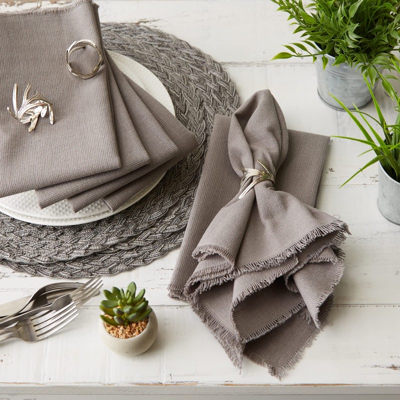 DII Everyday Collection, Fringed Solid Tabletop, Napkin Set, Gray, 6