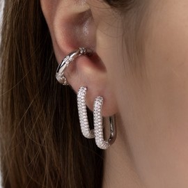 Square Hoop Earrings with Pave Cz Stones for Women - Dainty Hoops - 925 Sterlings silver 18k gold plated (Silver)