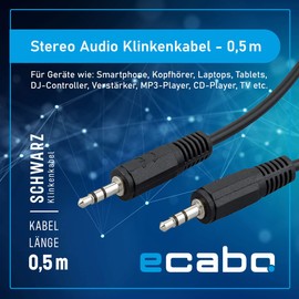 Ecabo 10003 Stereo Audio Jack Cable 3.5 mm Male to 3.5 mm Male - AUX Cable for Car Radios, MP3 Players, Receivers, Computers, Laptops, 0.50 m, Black
