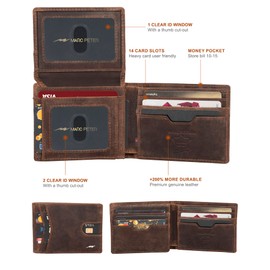 Marc Peter Wallet for Men Slim Bifold RFID Blocking with 2 ID Window up to 14 cards Minimalist Front Pocket Full Grain Leather Wallet and Gift Box Crazy Horse Brown