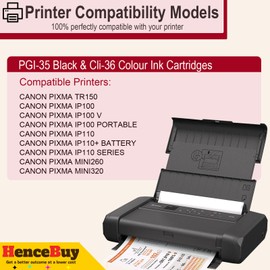 HenceBuy Printer Cartridges PGI-35 CLI-36 PGI 35 CLI 36 Compatible with Canon Pixma TR150 IP110 IP100 TR 150 IP 110 IP 100 Mini 260 320 Mobile Printer (6 Black 4 Colour)