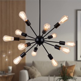 Sputnik Chandeliers Black, Modern 12-Light Farmhouse Pendant Light Mid Century Starburst Lighting Vintage Industrial Ceiling Hanging for Living Dining Room, Bedroom, Kitchen Island, Foyer, Hallway