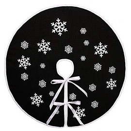 N&T NIETING Christmas Tree Skirt, 30 Inches White Snowflake Printed Black Rustic Burlap Tree Skirt, Farmhouse Xmas Tree Holiday Decorations