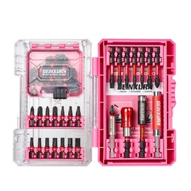 Geinxurn 46-Piece Screwdriver Bit Set Made of Impact-Resistant, S2 Steel, Magnetic Torx, Phillips, Pozidriv, Slotted, Hex Head Bit Set, 1/4 Inch Hex Shank, Includes Bit Holder with Pink Storage Box