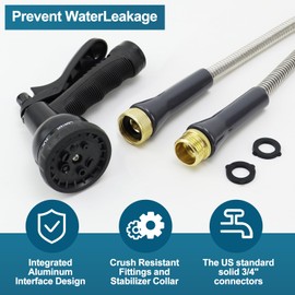 AnyEasy Stainless Steel Garden Hose 50ft Heavy Duty Metal Water Hoses with 8 Function Water Hose Nozzles for Yard Outdoor