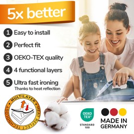 Super Soft Ironing Board Cover and Pad – 50% Faster Ironing with Heat Reflection Technology, Thick Natural Cotton, Heavy-Duty & Scorch Resistant – Made in Germany – 15x54 Standard Size