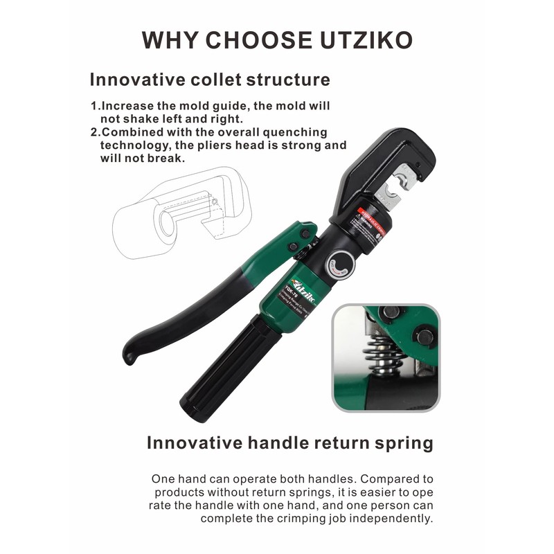 UTZIKO Hydraulic Cable Lug Crimper 10 US TON 12 AWG