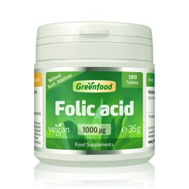 Greenfood Folic Acid, 1000 µg, Extra high dose, 180 Tablets - Plays a Role in the Cell Division Process, contributes to Normal Blood Formation and Maternal Tissue Growth During Pregnancy. Vegan