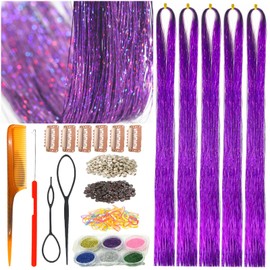 CelineBella Purple Tinsel hair Heat Resistant Violet Lavender Fairy Hair Tinsel Extensions 48 Inch 5 PCs Very Cute Easy to Use for Kids Girls(48 Inch Pack of 5Pcs, Deep Purple)
