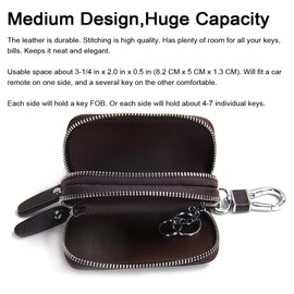 Contacts Leather Car Key Case, Mens Key Chain Hooks Pocket with Keyring Zipper Key Fob Organizer for Men Women