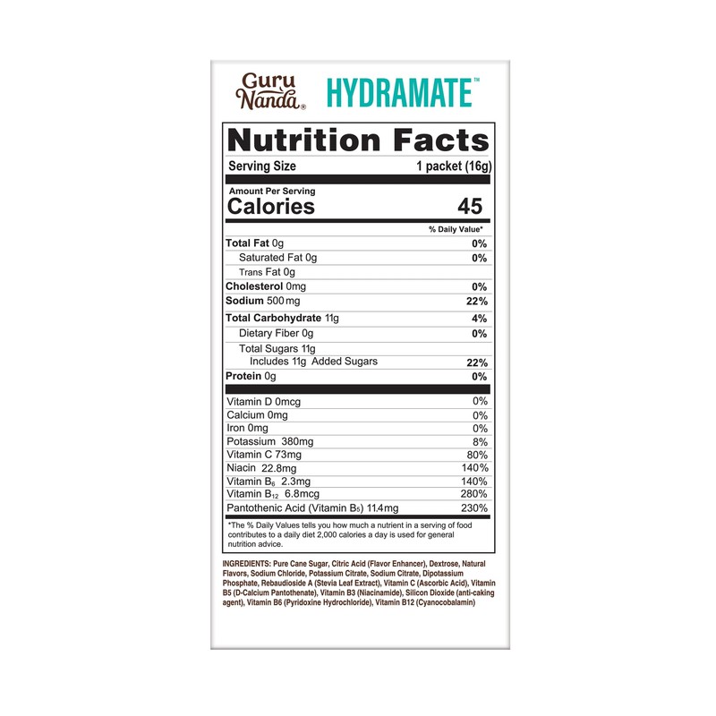 GuruNanda Hydramate Hydration Support Drink Mix - Electrolyte Powder Packets