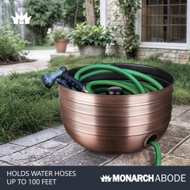 Monarch Abode Border Embossed Garden Hose Holder Pot, Indoor Outdoor Yard Hose Storage Organizer, 100ft Water Hose Holder, Antique Copper