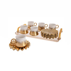 GLOXZY Turkish Coffee Cup Set of 6 with Saucers & Tray - Luxury Arabic Greek Japanese Marble Ceramic Tea Cups for Espresso Cappuccino Latte Mocha, Ideal Gift - 6.7oz,- White