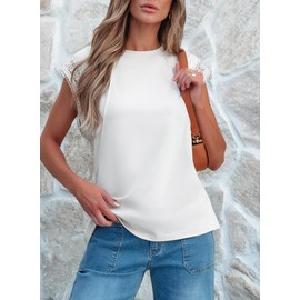 SHEWIN Womens Shirts Causal Crewneck Summer Tops Loose Cap Sleeve Shirts Oversized Tshirts for Women White Small
