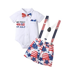 AGAPENG 4th of July Baby Boy Outfit Gentleman Short Sleeve Romper with Bow Tie Stars Stripes Suspender Shorts Baby Boy 4th of July Outfit 6-9 Month Fourth of July Baby Boy Outfit