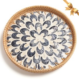 Rattan Tray with Mother of Pearl Inlay, Round Rattan Serving Tray with Wooden Base, Decorative Wicker Basket for Table Decor, Storage and Display of Jewelry Coffee Bread Food Fruit (Sapphire Blue)