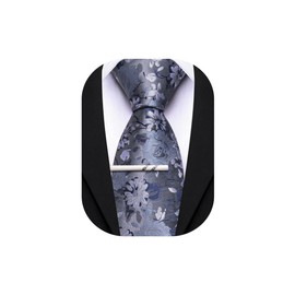 Barry.Wang Grey Tie Floral Silk Necktie with Tie Clip for Men Formal Wedding Party Business