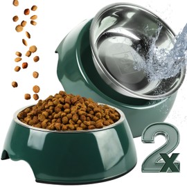 ne&no® Set of 2 Feeding Bowls for Small Dogs and Cats [Size S/170 ml] Double Bowl Cat Non-Slip Feeding Bowl Cat Dog Bowl (S, Green)
