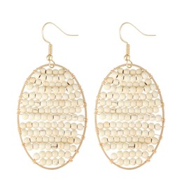 Winssigma Turquoise Teardrop Earrings, Boho Colorful Beads Gold Hoop Earrings for Women Bohemian Jewelry(Oval White Beads)