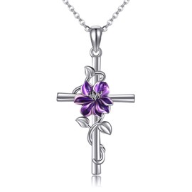 JERWLI Flower Cross Necklace 925 Sterling Silver Carnation/Rose/Lily/Daisy Cross Necklace Birth Flower Jewelry for Women (Violet)