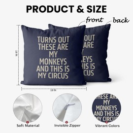 Funny Blue Turns Out These are My Monkeys and This is My Circus Pillow Covers 18x18, Funny Gifts for Boss Coworkers Teachers Family Friends, Funny Home Office Decor, Funny Pillow Covers for Couch Bed