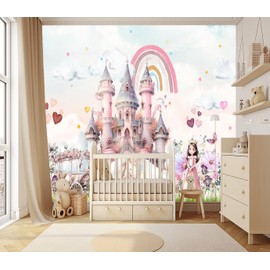 XMPMBM-Pink Cartoon Citadel Princess Nursery Room Backdrop Fabric Large Wallpaper Girls Bedroom Wall Mural- W 176" X H 113" XL